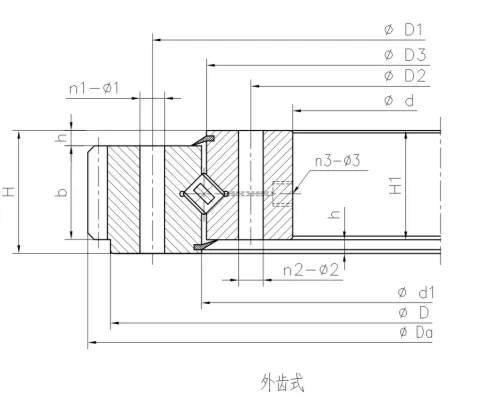 外齒式交叉滾子轉(zhuǎn)盤軸承結(jié)構(gòu)尺寸圖